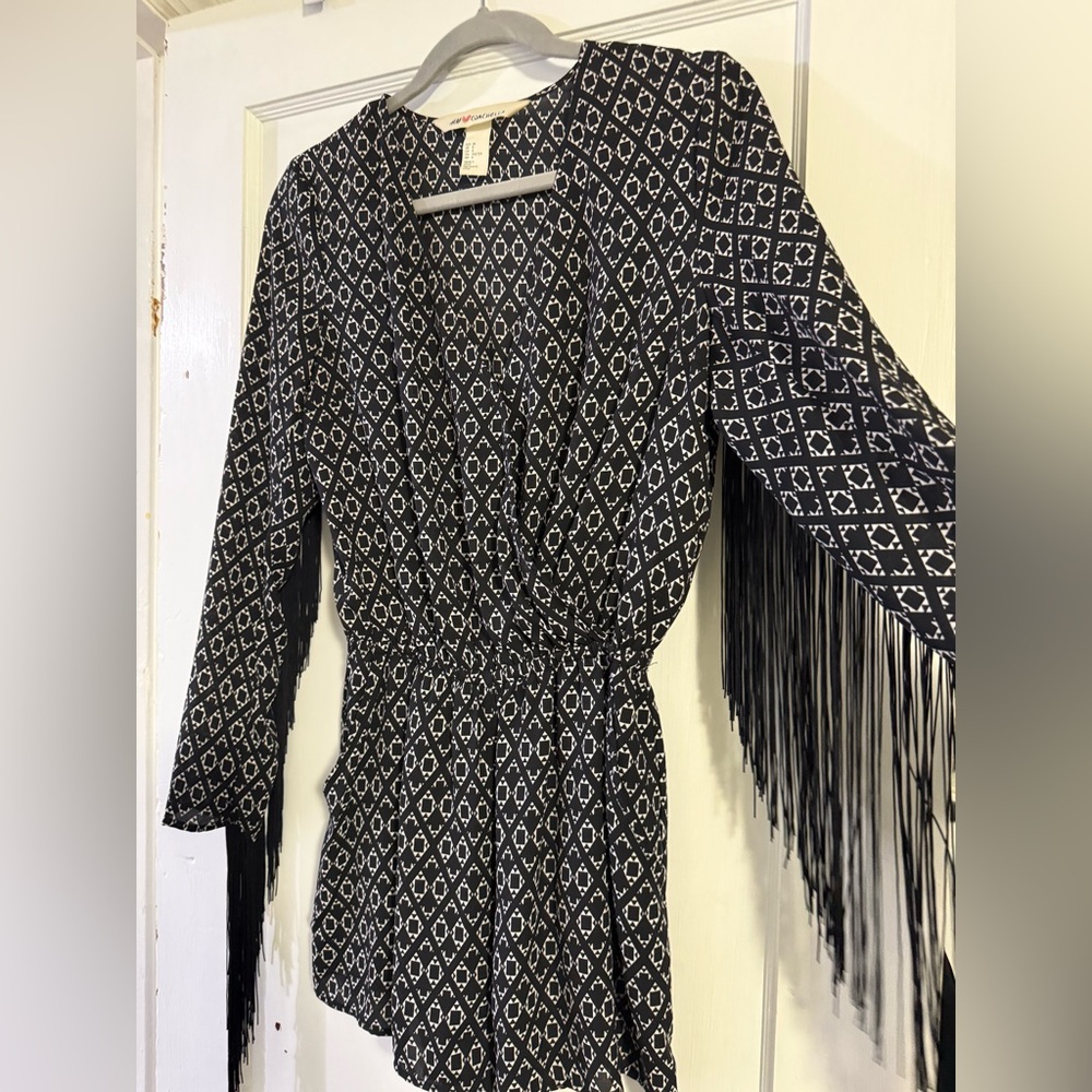 H&M Black and White Patterned Jumpsuit with Fringe